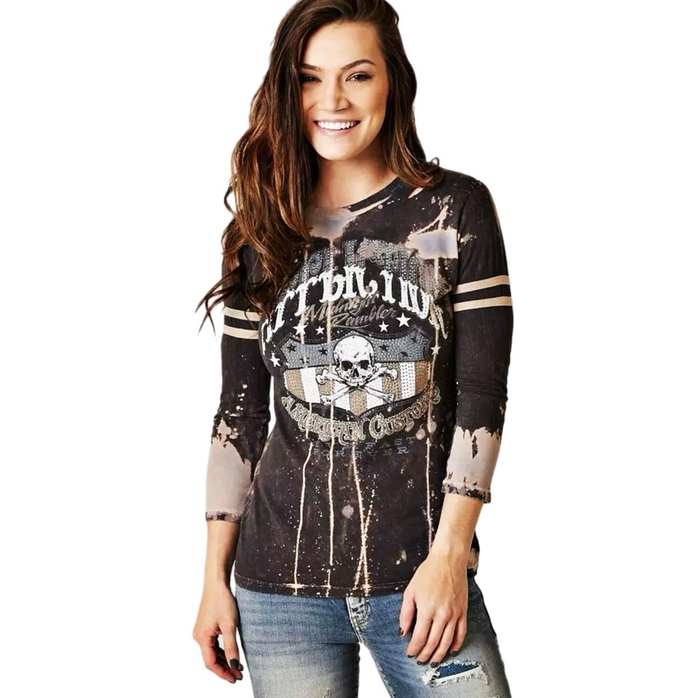 Affliction American Customs On The Road Tee Women’s L Skull Black Grunge Punk